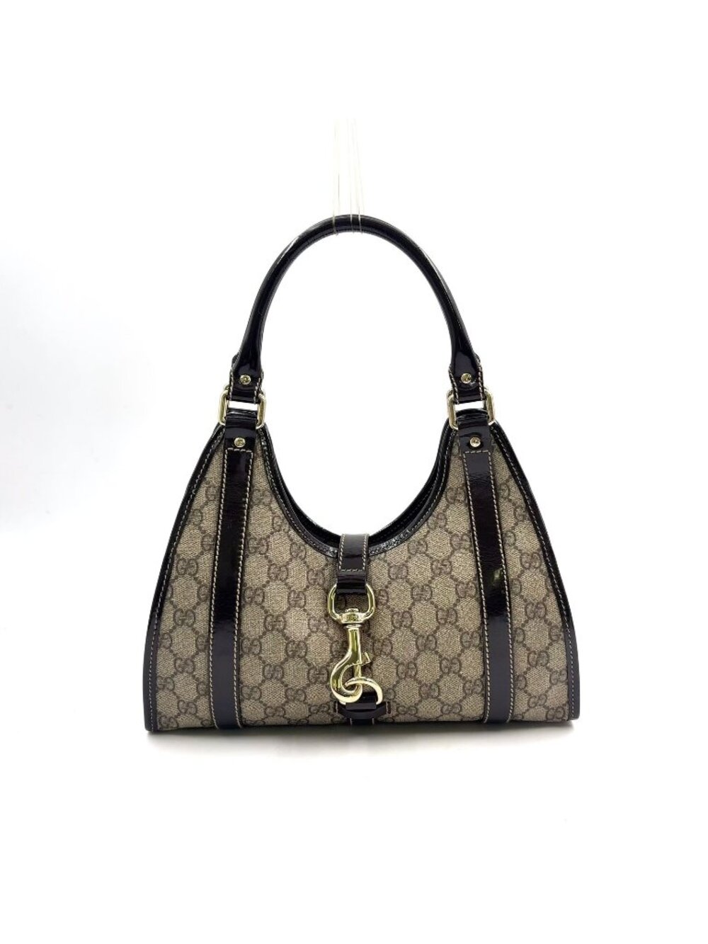 Gucci Guccissima Patent Leather Khaki Beige Brown Shoulder Bag Silver